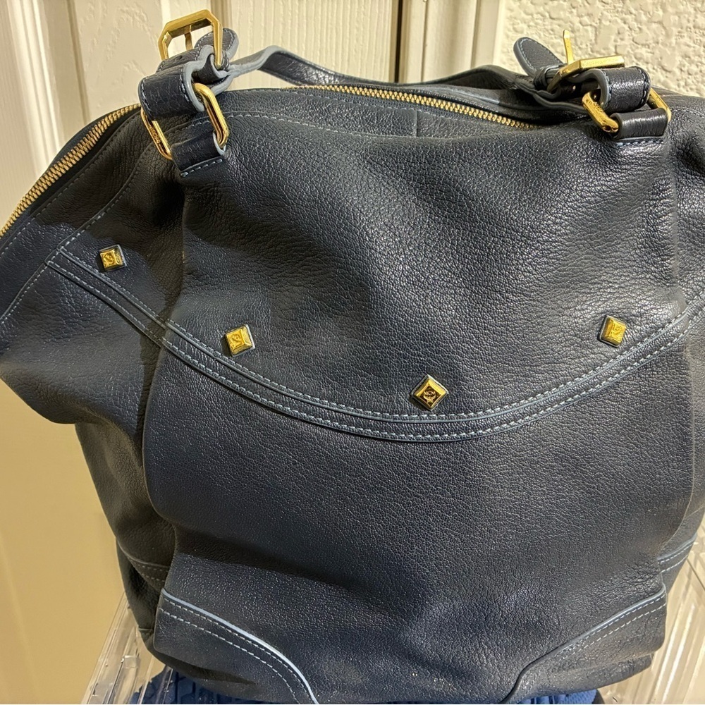 Navy Blue Leather Tote Bag - Picture 3 of 7